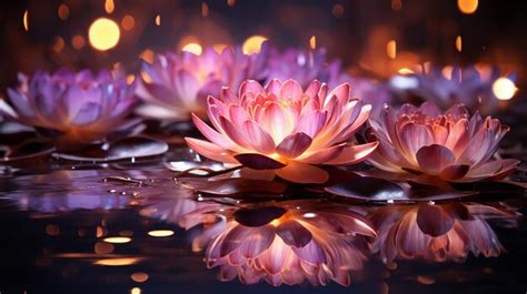 Premium Ai Image Lotus Pink Light Purple Floating Light Sparkle Purple Background Beautifully