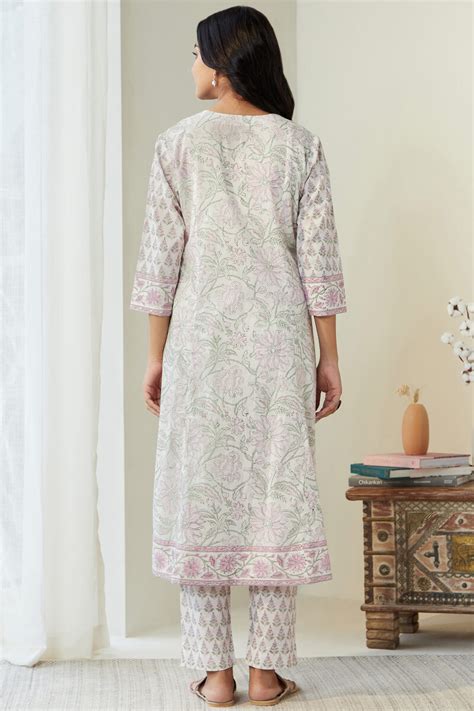 Buy White Hand Block Printed A Line Cotton Kurta For Women FGMK23 376