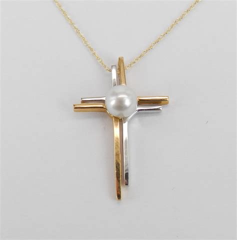 K White And Yellow Gold Pearl Cross Pendant Necklace Religious Charm