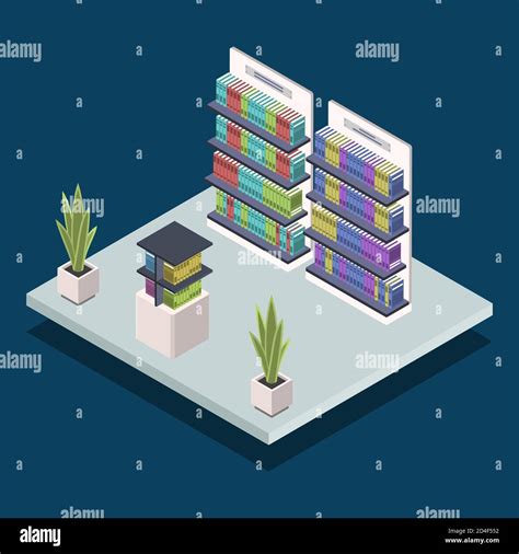 Modern Library Bookshelf Isometric Color Vector Illustration Stock