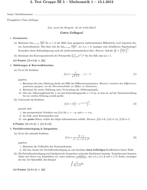 Zwischentest 2 C 2 Test Gruppe BI 5 Mathematik 1 13 Name