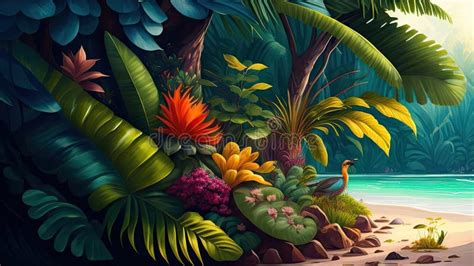 Tropical Jungle with Palm Trees and Flowers - Illustration for Children ...