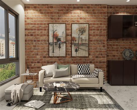 Contemporary Spacious Living Room Design With Brick Wallpaper Livspace