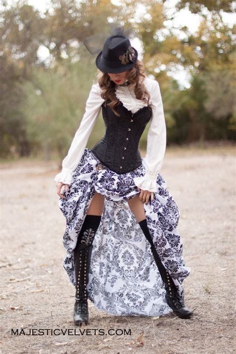 Victorian Steampunk Black Satin Corset With White Black Bustle Skirt