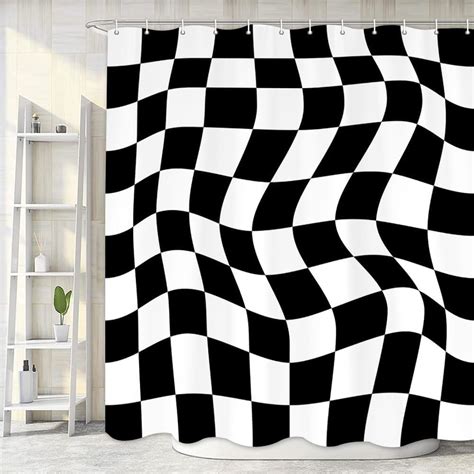 Boho Black And White Checkerboard Shower Curtain Cute Aesthetic 60s 70s Retro Modern Abstract