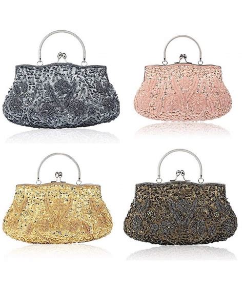 Beaded Sequin Design Flower Evening Purse Large Clutch Bag Silver