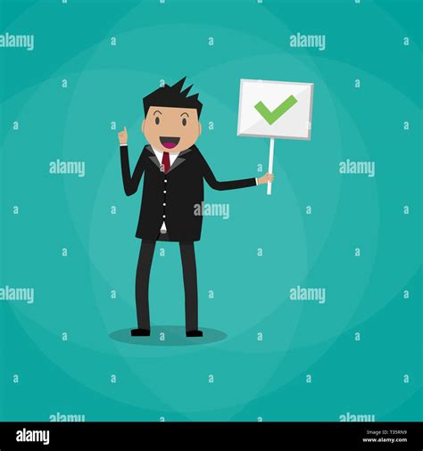 happy Cartoon Businessman hold sign with green tick. positive checkmark ...