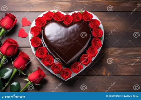 Heart Shaped Chocolate Cake Decorated With Red Roses On A Wooden Table