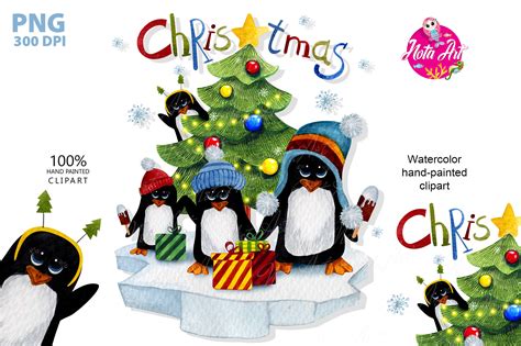 Watercolor Penguins For Christmas Cute Graphic By Наталья Иванова