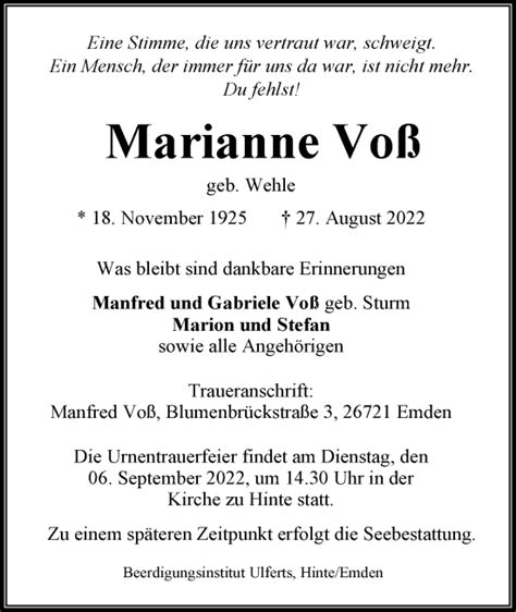 Traueranzeigen von Marianne Voß nordwest trauer de