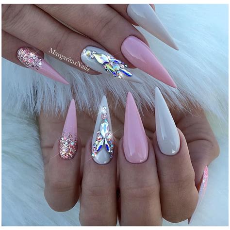 Nude Pink Stiletto Nails Swarovski Crystal Nail Art Design Rose Gold