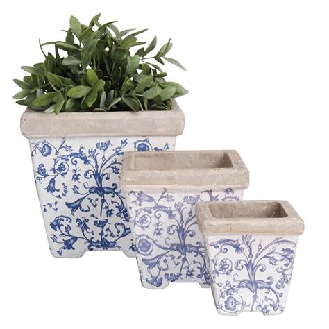 Ceramic Sq Nesting Flower Pots Blue White Esschert Design Usa