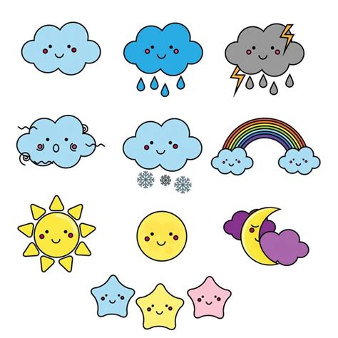 Set Of Cute Weather Icons With Different Emotions Expression Vector