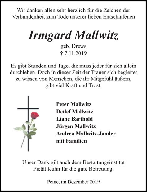 Traueranzeigen Von Irmgard Mallwitz Trauer Anzeigen De