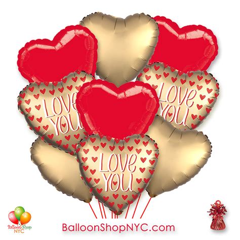 Gold Heart Red Hearts Love You Valentines Balloon Bouquet Ny Delivery