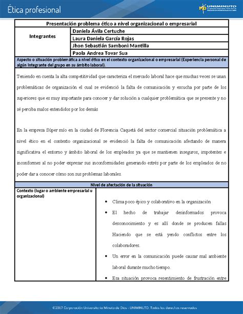 Actividad No 3 etica profesional Presentación problema ético a nivel