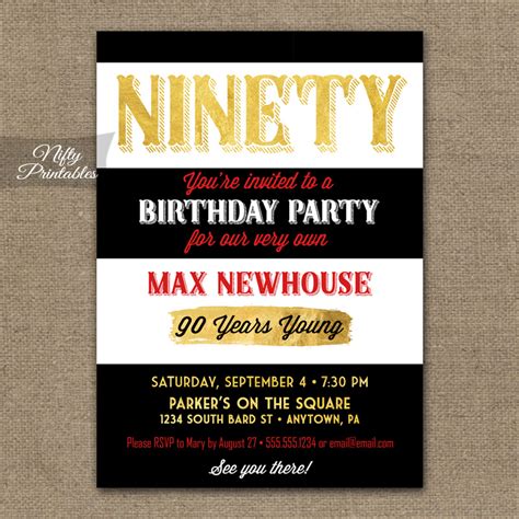 90th Birthday Invitations - Black Stripe Gold - Nifty Printables