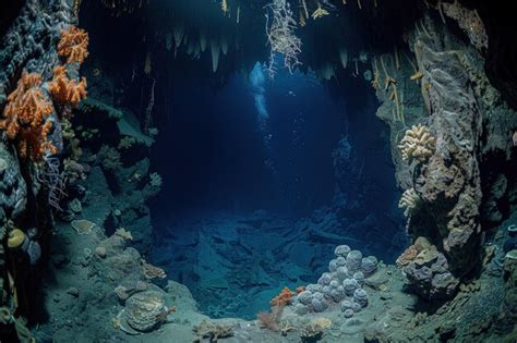 Premium Photo | An underwater cave with corals and sea life