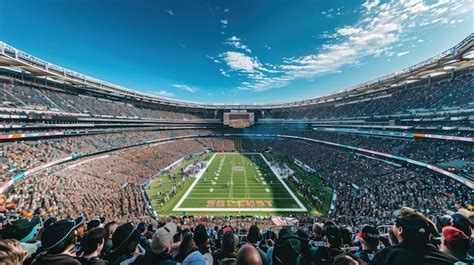 Premium Photo | A panoramic view of a football stadium packed with cheering fans with players on ...