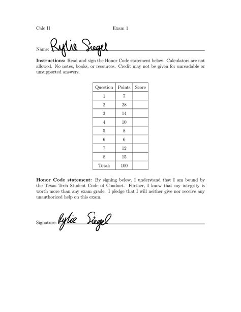 Exam 1 Exam 1 Calc II Exam 1 Name Instructions Read And Sign The