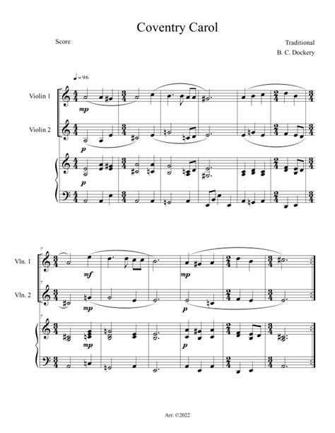 Coventry Carol Violin Duet With Piano Accompaniment Arr B C Dockery By Traditional Sheet