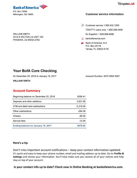 Bank Of America Bank Statement Template Lab P Box Wilmington