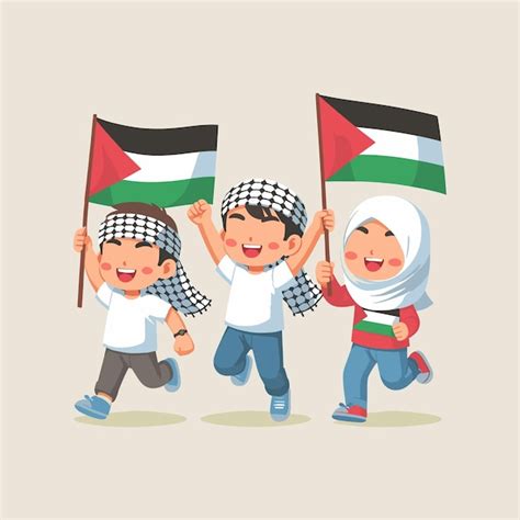 Premium Vector | Happy Palestinian children running and waving the Palestine flag