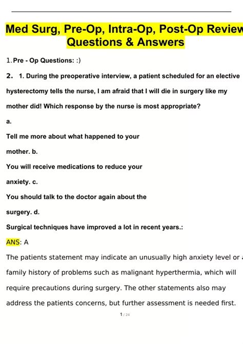 Med Surg, Pre-Op, Intra-Op, Post-Op Review Questions and Answers (2024