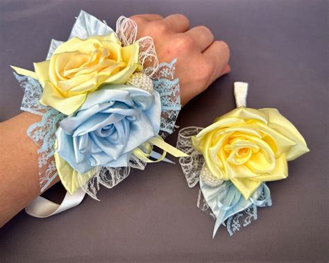 Blue Yellow Flower Wrist Corsage Boutonni Re Pale Blue Yellow Etsy