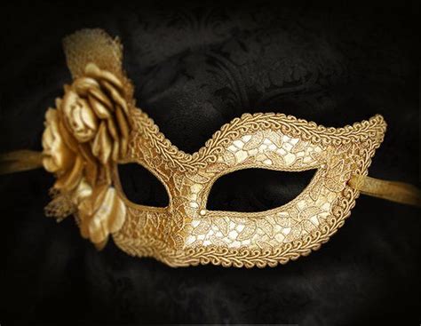 Metallic Gold Masquerade Mask With Fabric Roses Lace Covered Etsy