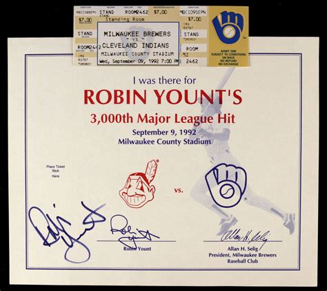 Lot Detail - 1992 Robin Yount Milwaukee Brewers 3000 Hit Full Ticket & Signed Certificate - JSA