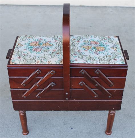 Tapestry Accordion Folding Sewing Box Wooden Accessories Chest On Legs