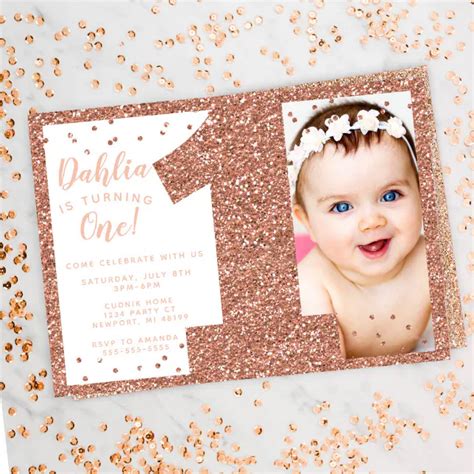 Rose Gold First Birthday Invitation Faux Glitter Invitation Zazzle