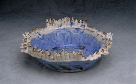 Ceramic Blue Sculptural Bowl Fired Clay Expressionistic Sculpture By