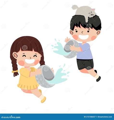 Boy and Girl Splashing Water with Water Bowl Stock Vector