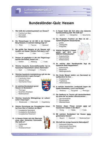 Arbeitsblatt Bundesländer Quiz Hessen Lehrermaterial de