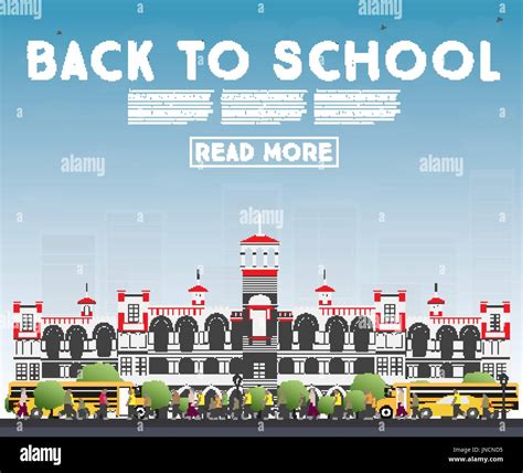 Back To School Banner With School Bus Building And Students Vector