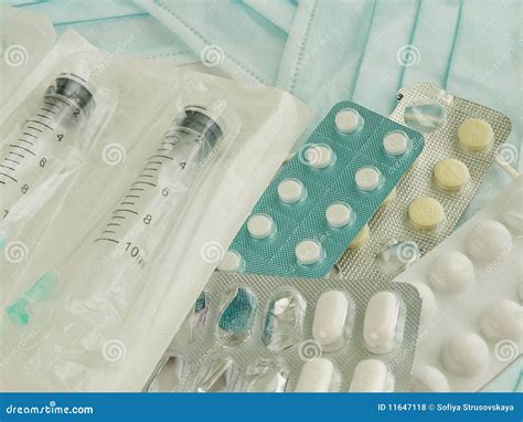 Syringes Tablets And Medical Masks Stock Photo Image Of Disposable