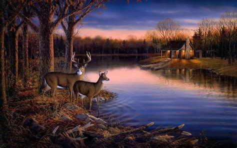 Download Two Whitetail Deer By The Still Lake Wallpaper