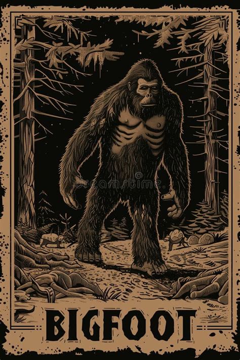 Bigfoot Poster Cryptid Art Sasquatch Card Illustration Stock