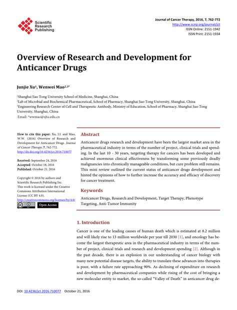 (PDF) Overview of Research and Development for Anticancer Drugs