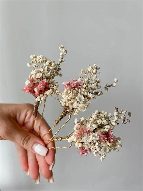 Dried Flower Hair Pins White Pink Boho Wedding Flower Etsy