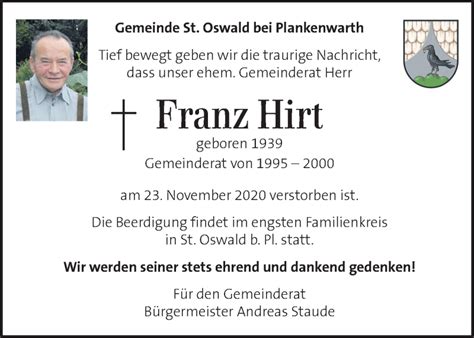 Traueranzeigen Von Franz Hirt Trauer Kleinezeitung At