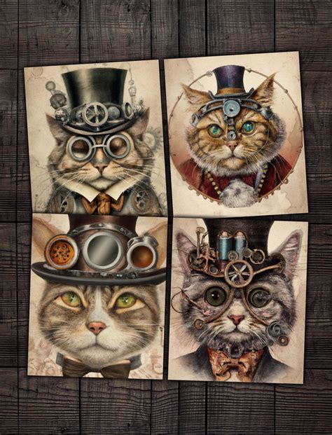 Steampunk Cats Digital Vintage Cat Images For Junk Journal Etsy