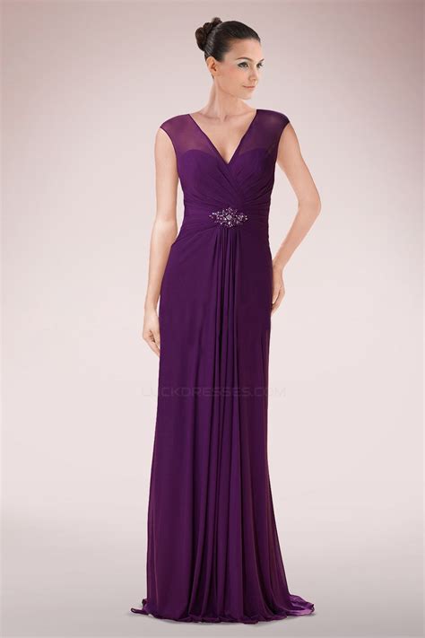 Sheath V Neck Long Chiffon Mother Of The Bride Dresses M010089