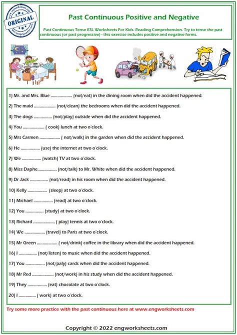 an english worksheet with the words past continuous and negative