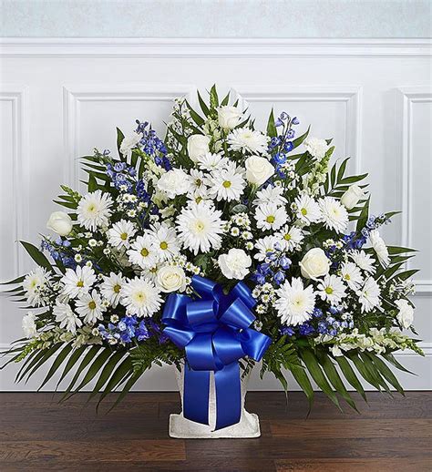 Heartfelt Tribute Blue White Floor Basket Arrangement 1800Flowers