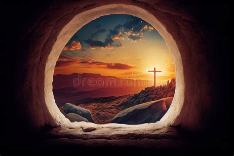 Resurrection Of Jesus Christ Empty Grave Tomb With Cross Bible Story