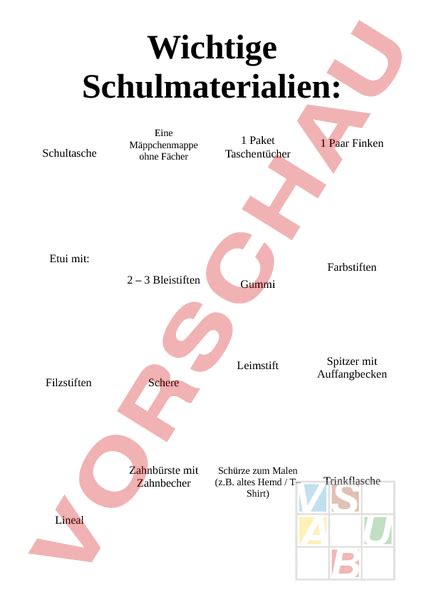 Arbeitsblatt Materialliste Unterstufe Administration Methodik