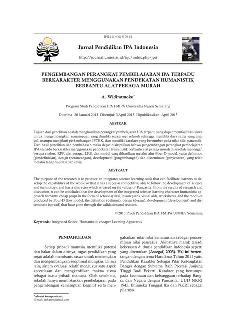 Pdf Pengembangan Perangkat Pembelajaran Ipa Terpadu Berkarakter Menggunakan Pendekatan